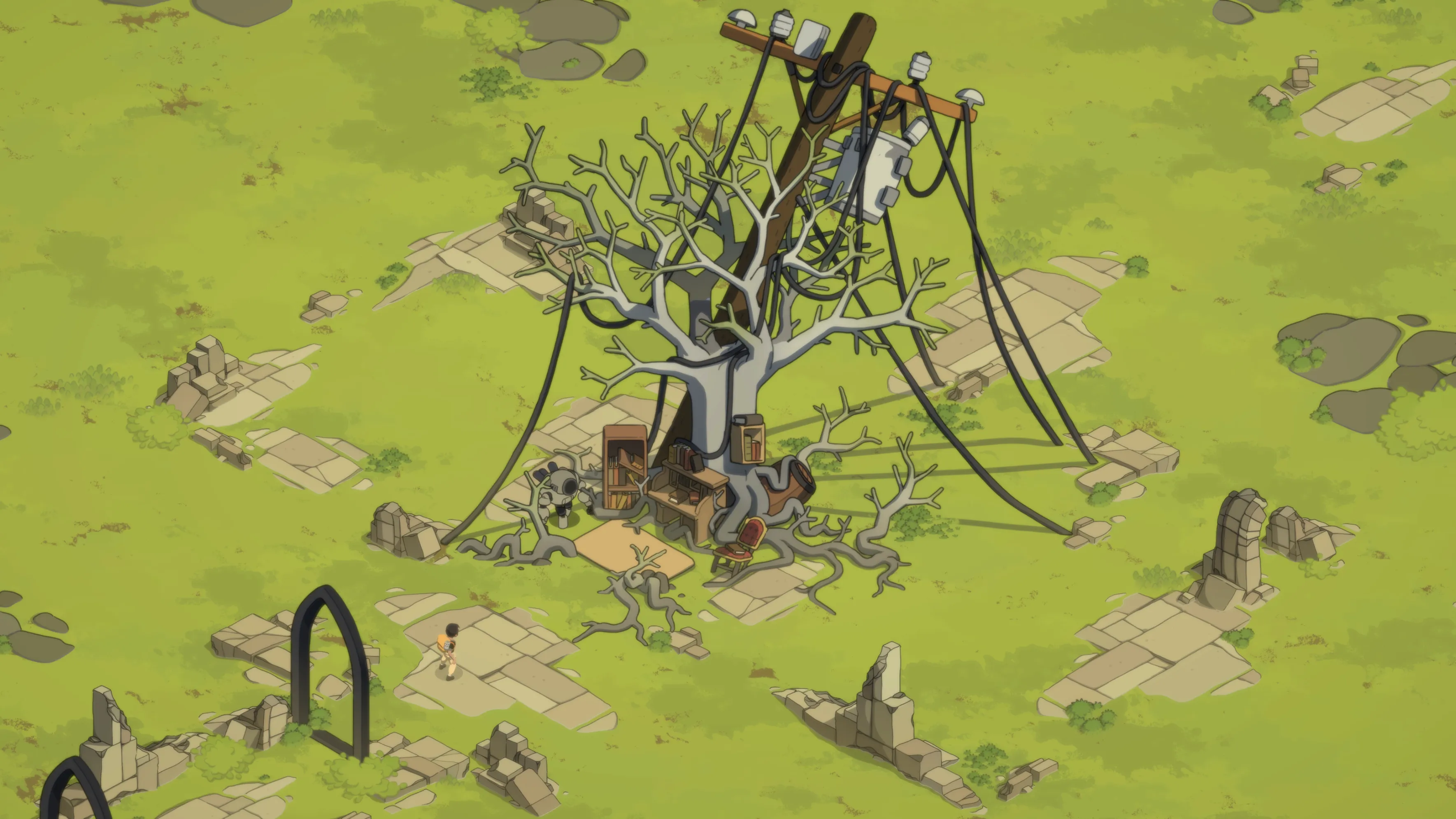 A bare tree wound with power lines from a leaning utility pole, salvaged furniture tucked among its roots, and a lone figure crossing the broken stone toward it.