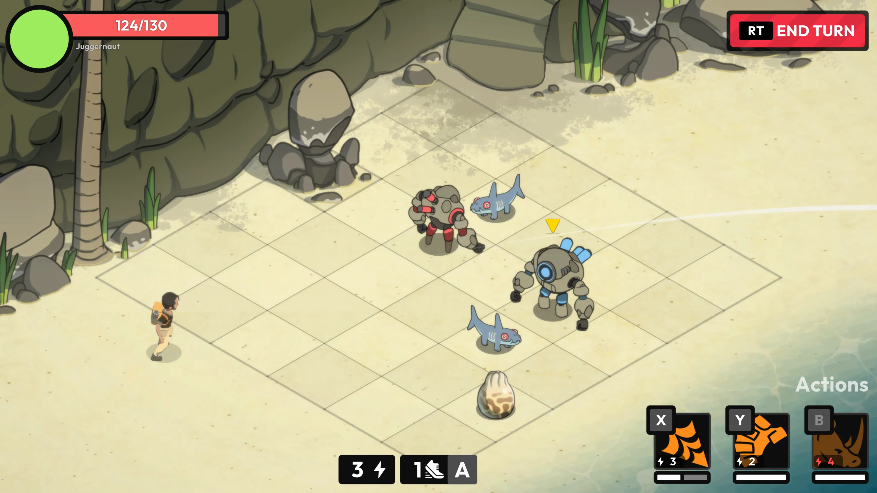 A combat encounter on a beach: the player faces two robots and two shark-like creatures across an isometric grid, the Juggernaut on 124 of 130 health, three action cards along the bottom.